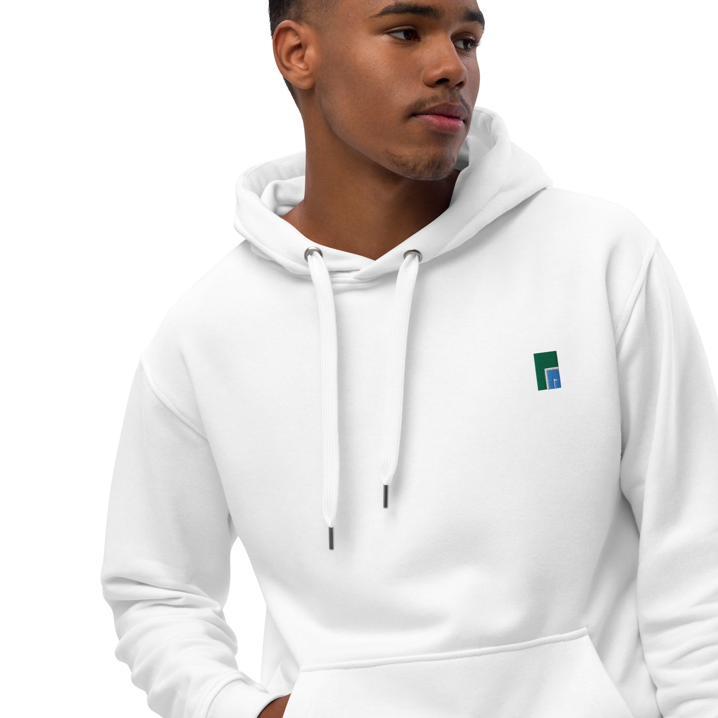 model wearing white organic hoodie