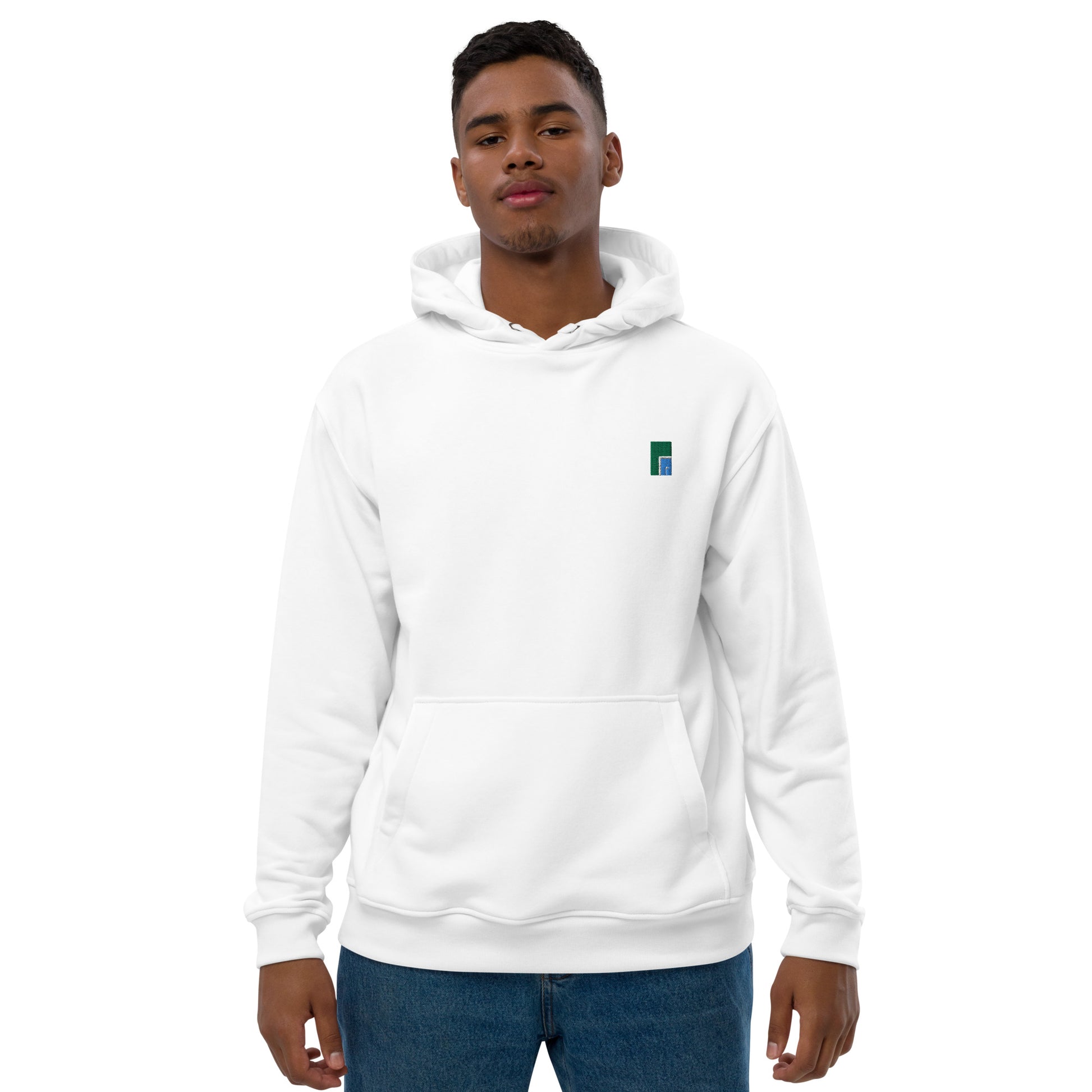 male wearing white organic hoodie