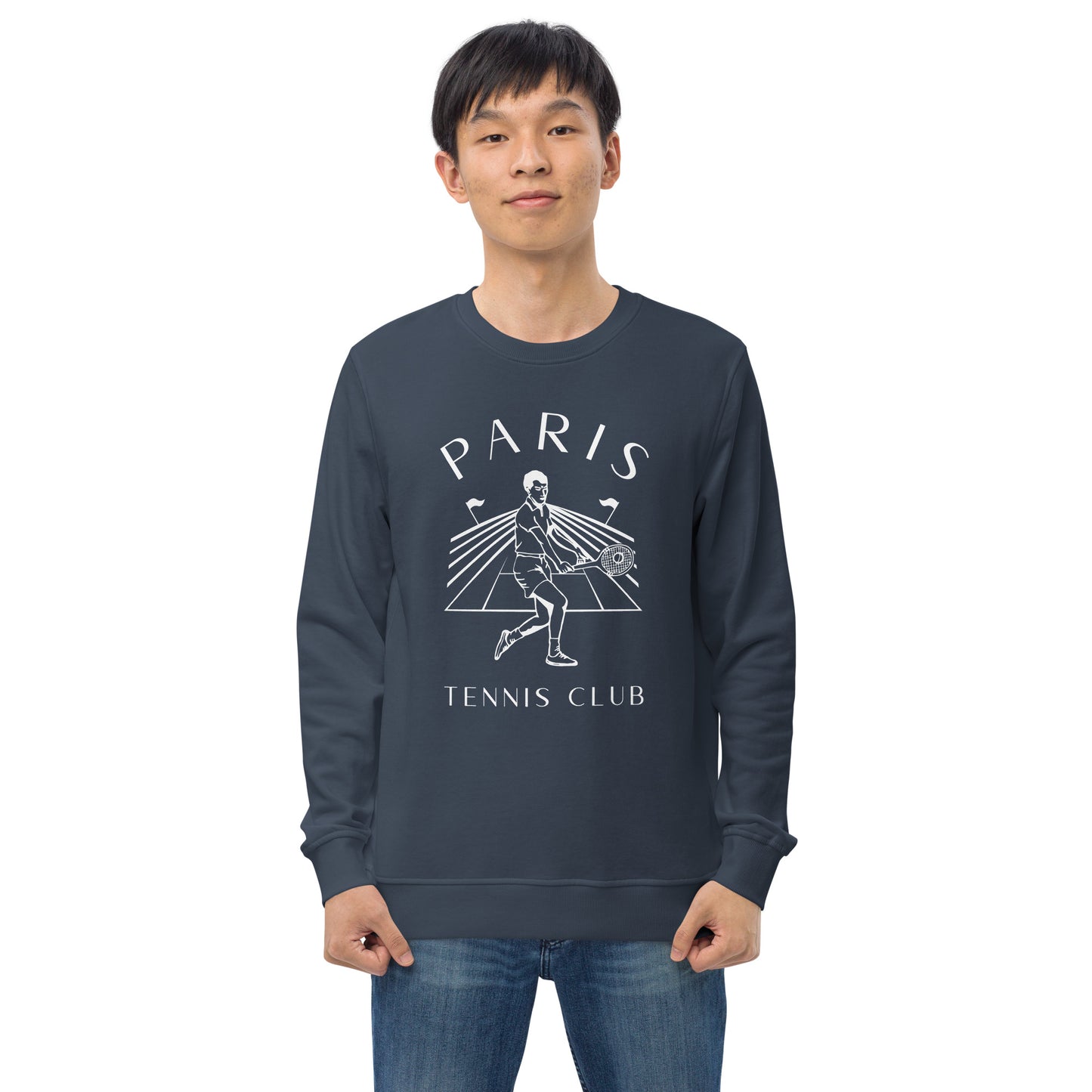 male wearing organic navy sweater